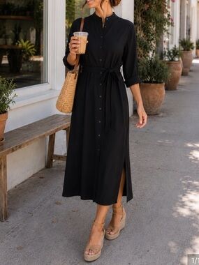 NWOT Uniqlo Black Long-Sleeve Midi Shirt Dress with Waist Tie